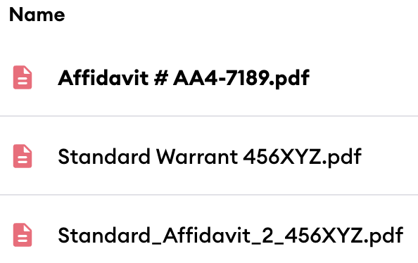 File list showing three PDFs, with "Affidavit # AA4-7189.pdf" in bold to indicate it was recently shared or updated.