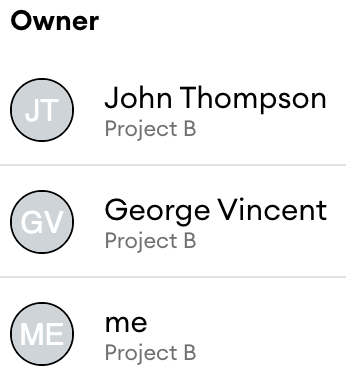 Owner column listing John Thompson, George Vincent, and me, each with Project B as the project name.