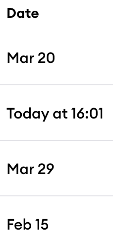 Date column showing sample values: Mar 20, Today at 16:01, Mar 29, and Feb 15, illustrating how recent dates are displayed.