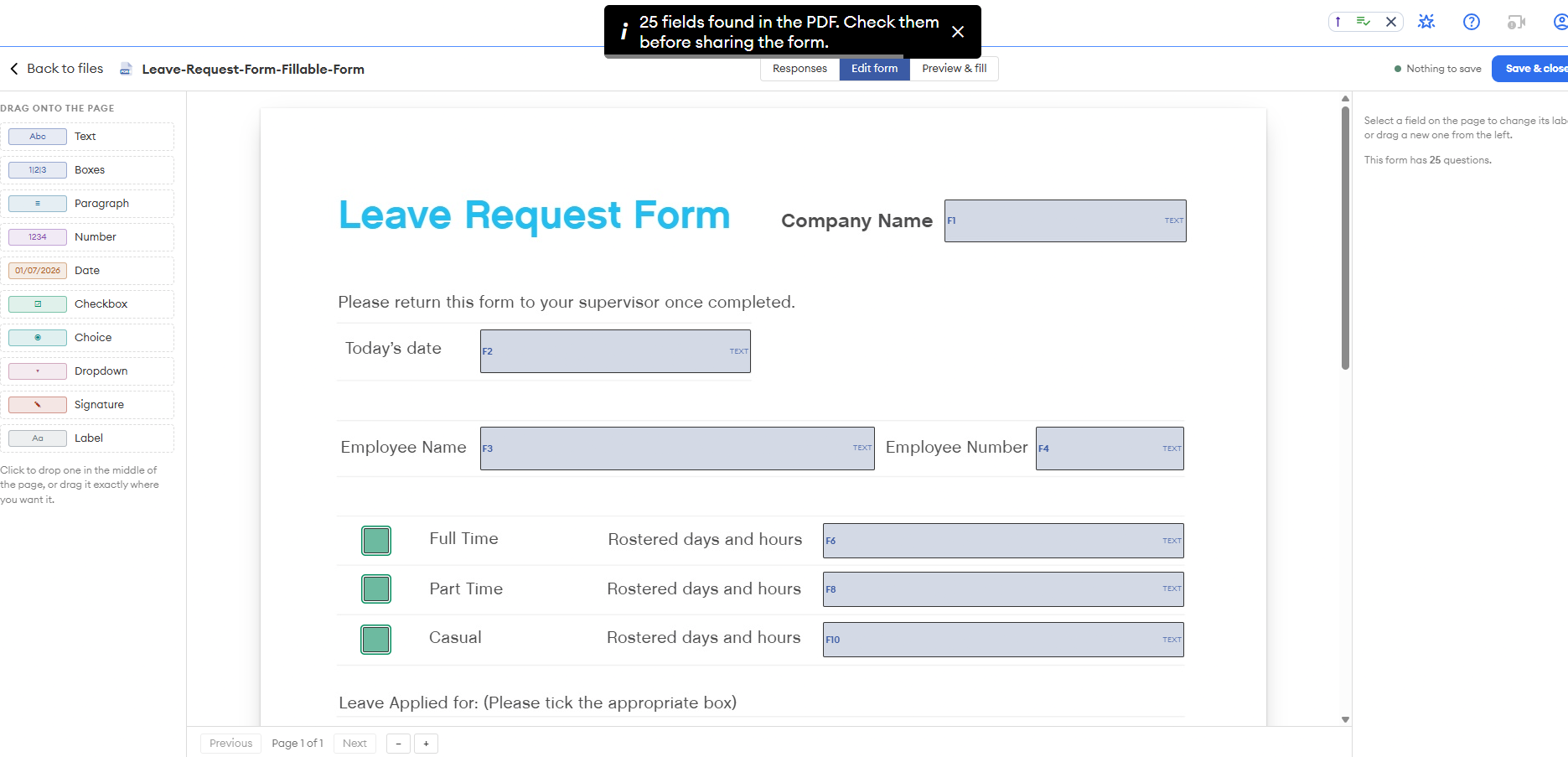 Straight after conversion. Shows your PDF and the boxes automatically identified with fillable fields, but they read F1, F2, F3.