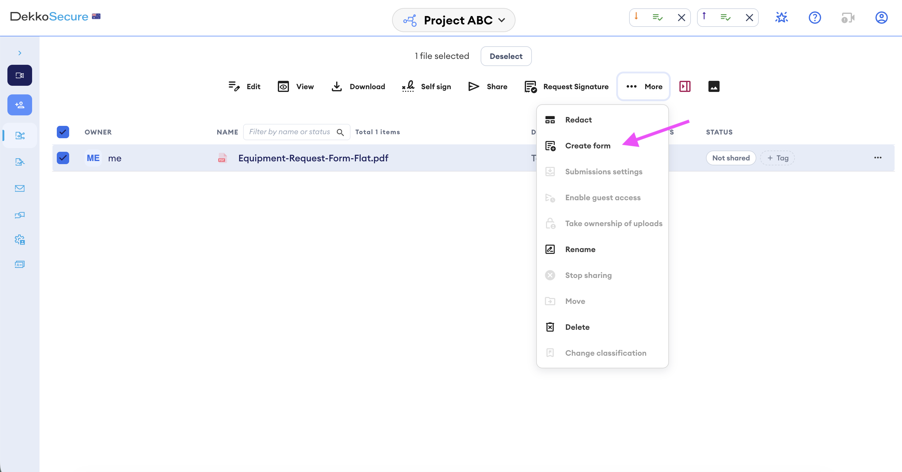 The **More** menu on a selected PDF, with **Create form** enabled. 