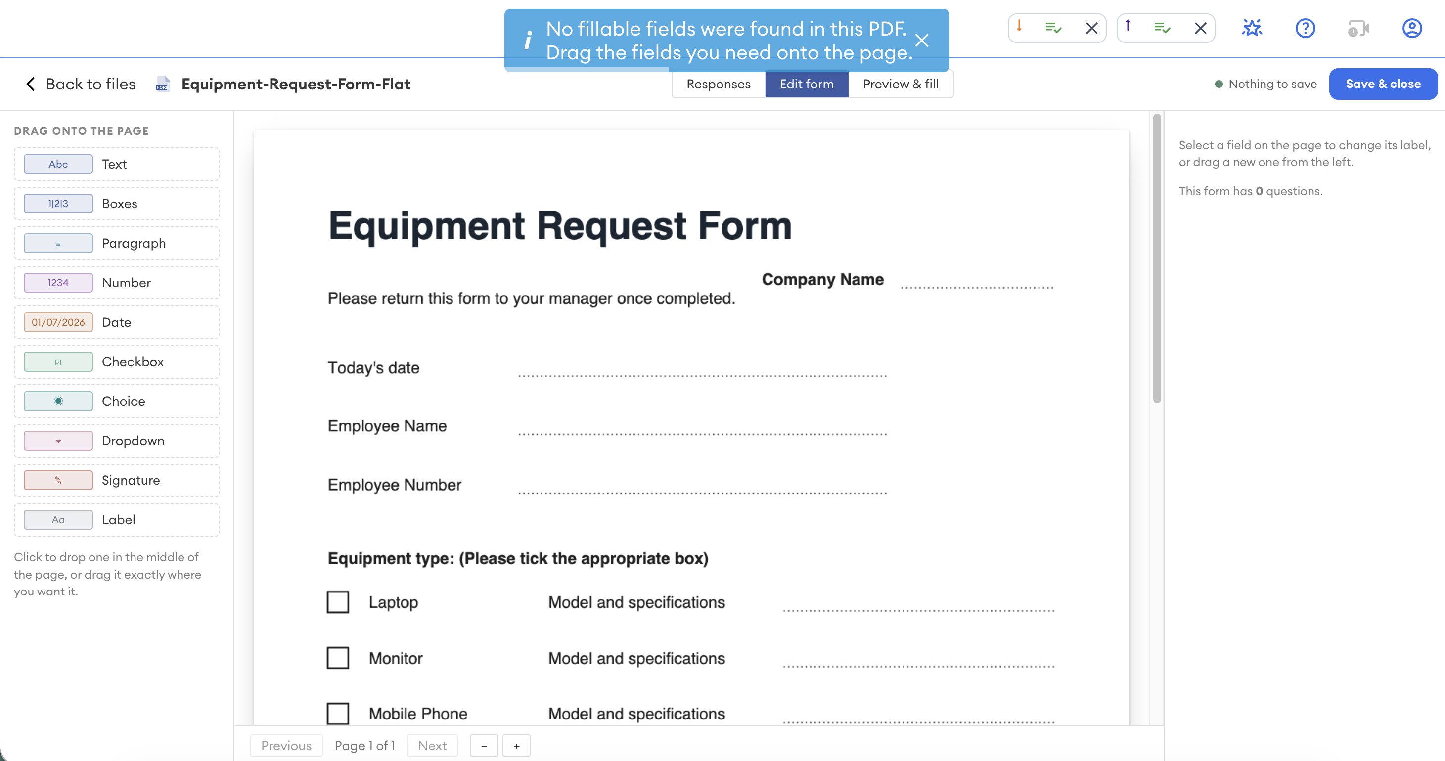 The DekkoCORE Form builder shows no fillable fields were found in the PDF.