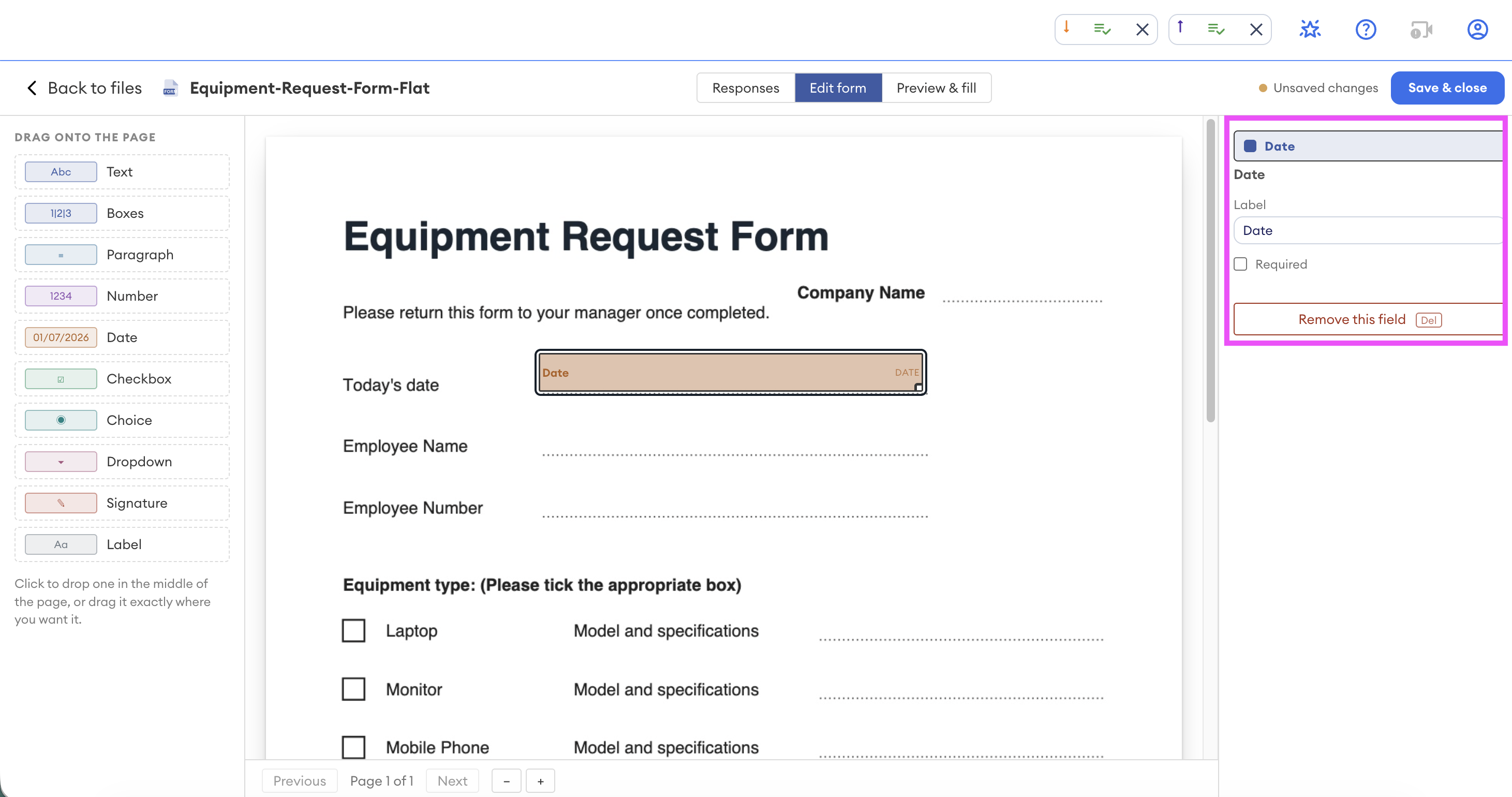 Form editor showing a Date field selected on the Equipment Request Form, with its properties panel open on the right displaying Label and Required options.