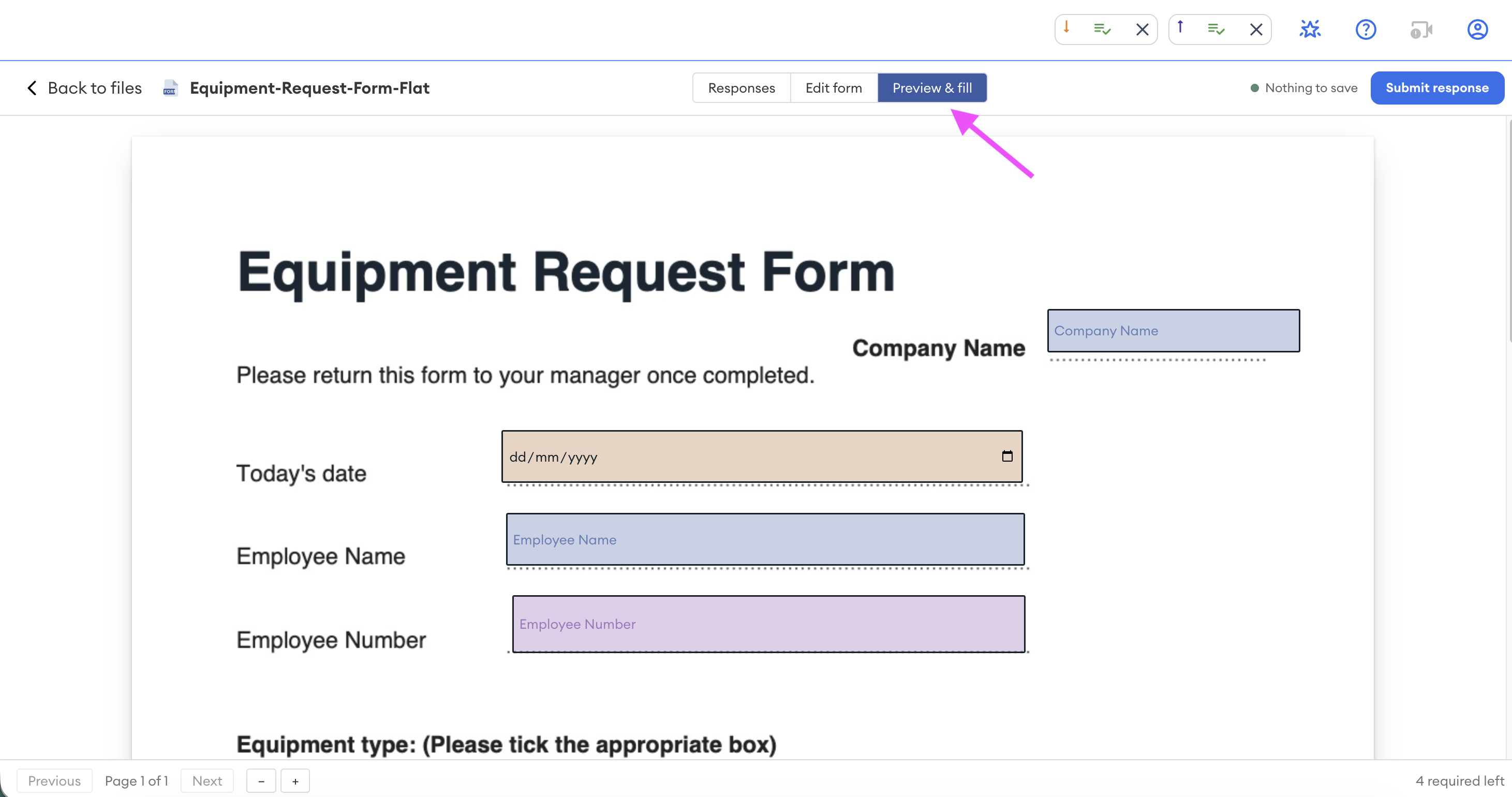 Preview & fill tab highlighted with a pink arrow in the DekkoCORE form view, showing the Equipment Request Form with fillable fields.