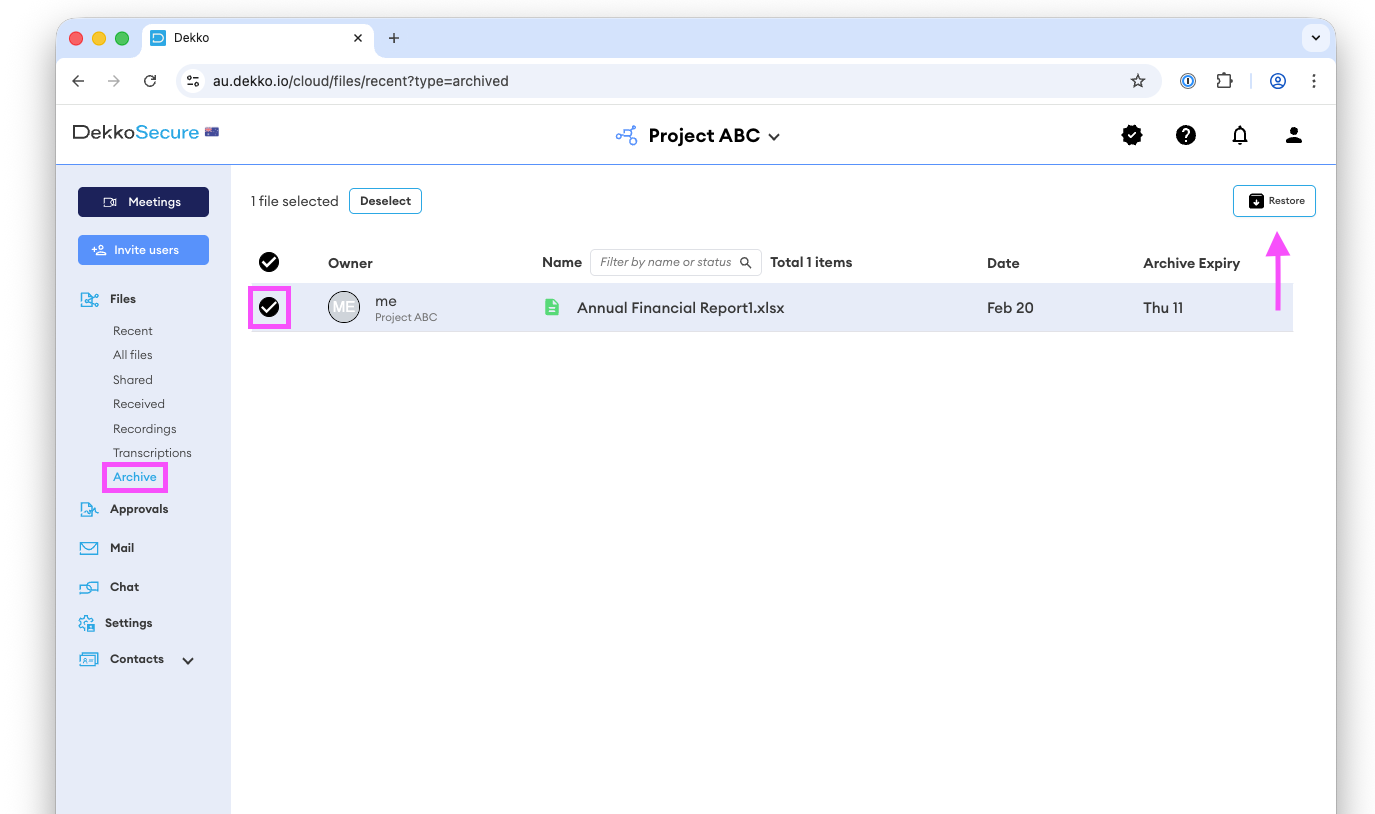 Dekko Archive page showing one selected file, Annual Financial Report1.xlsx, with its checkbox ticked and the Restore button highlighted in the top right.