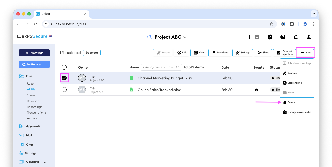 Dekko web app with one file checked and the More menu open, showing the Delete option highlighted with an arrow.