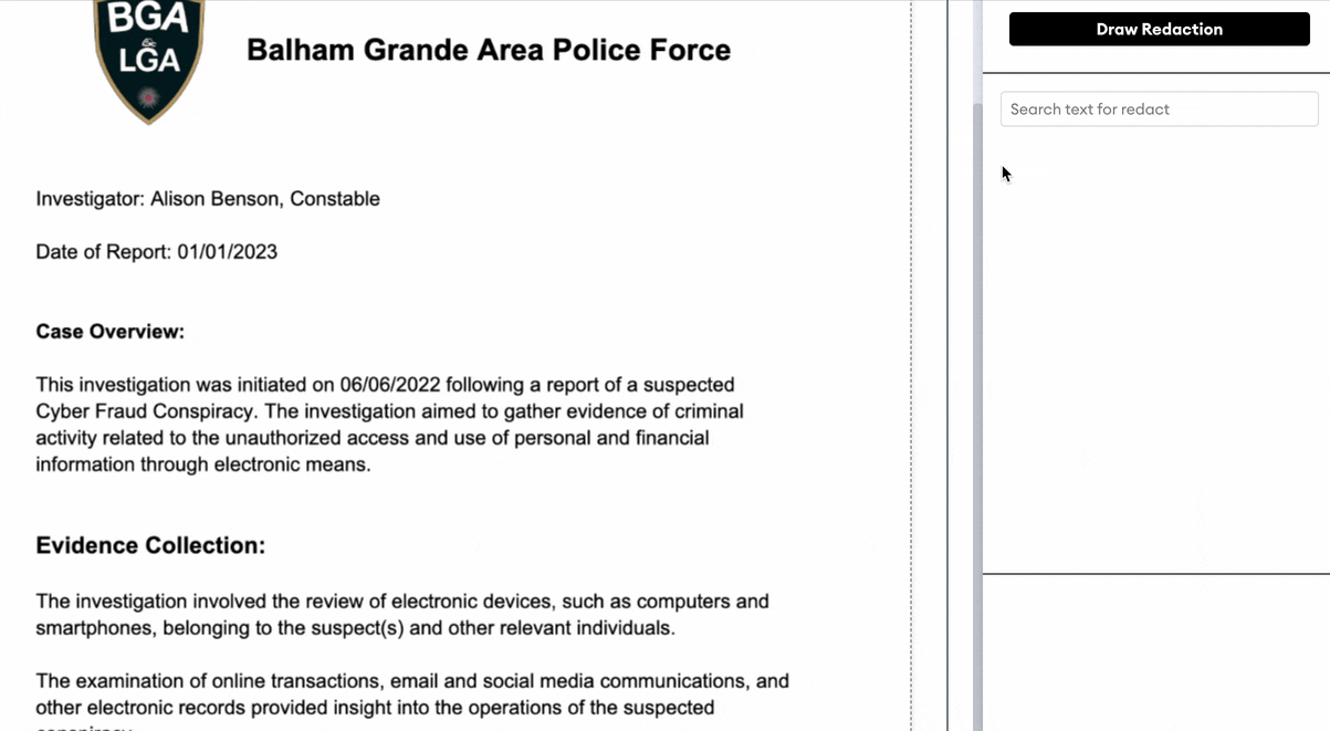 Screenshot of the redaction tool showing a police report with the Draw Redaction button and the "Search text for redact" field in the right-hand panel.
