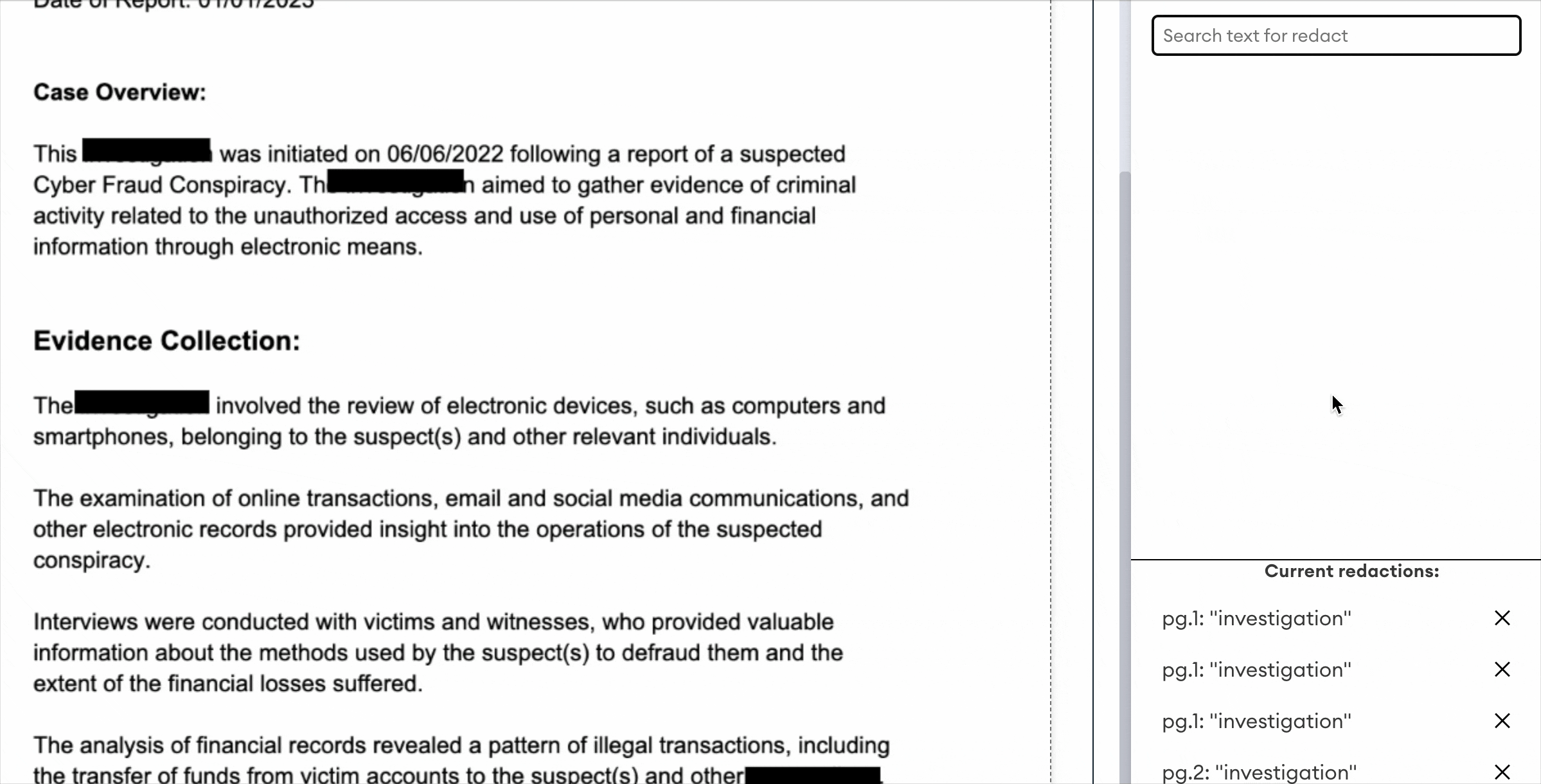 Redaction tool showing a document with black-box redactions, a search field labelled "Search text for redact", and the "Current redactions" list with entries for the word "investigation".