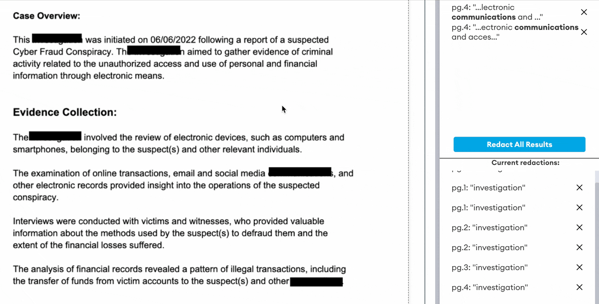 Document viewer showing the Current redactions list with entries such as "pg.1: investigation" and their ✕ remove buttons, beside the redacted case text.