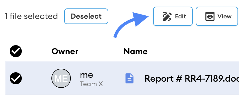 File list with one file selected; an arrow points to the Edit button beside Deselect and View.