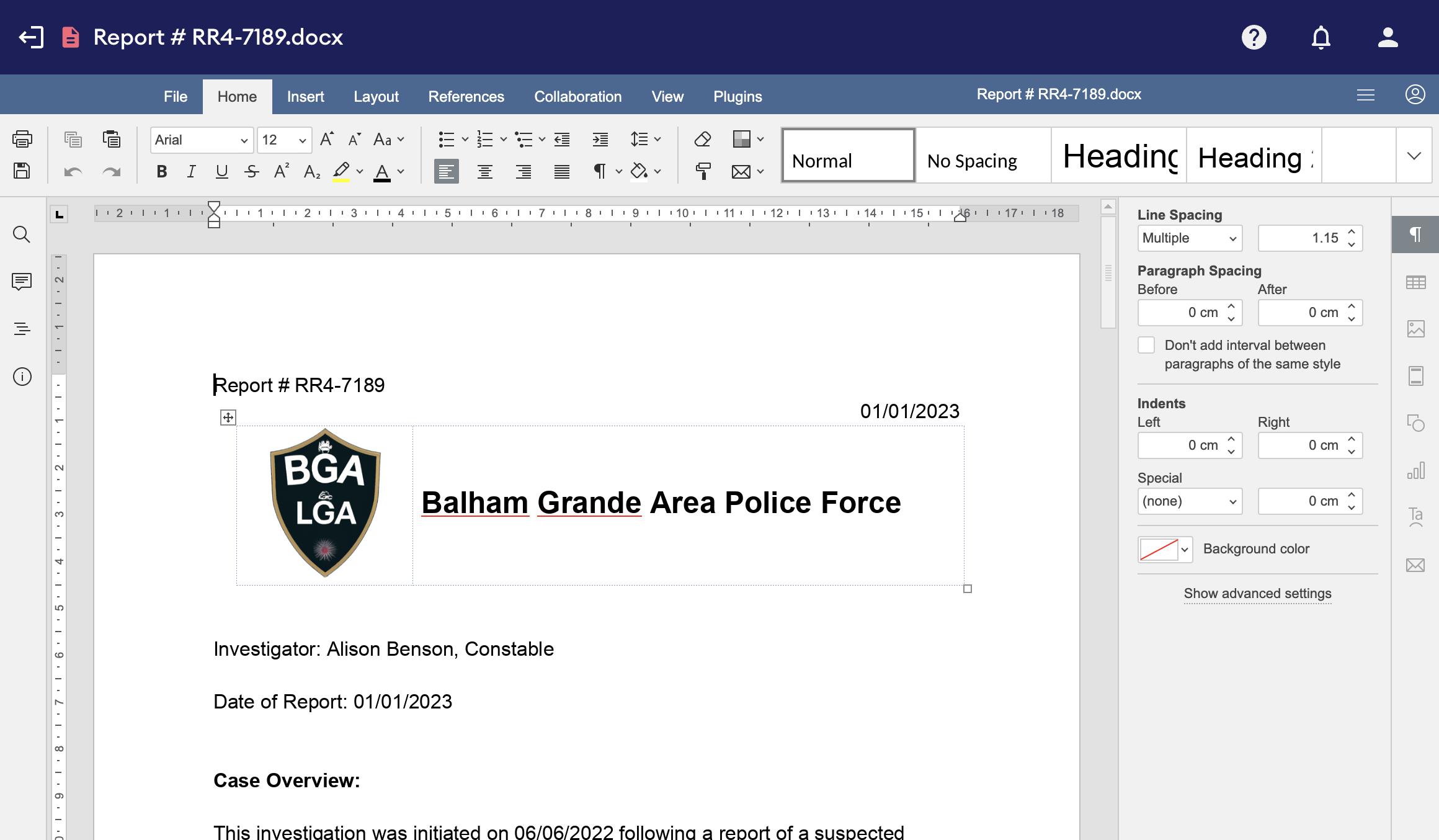 Office editor showing the Home tab with a report header: a club-style crest logo beside "Balham Grande Area Police Force" and the date 01/01/2023.