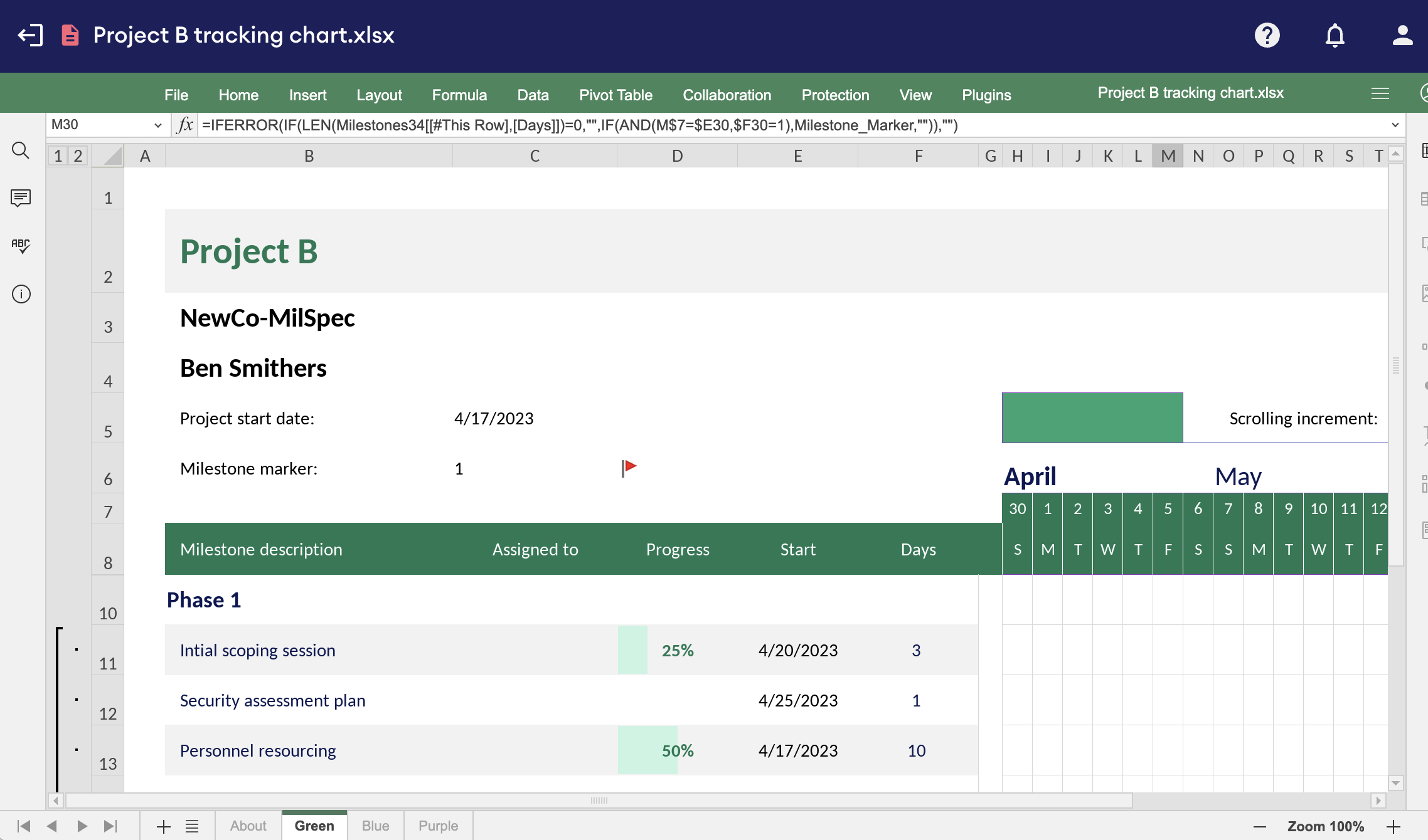 Spreadsheet editor showing the Green tab of Project B tracking chart.xlsx, with the formula bar displaying an IFERROR milestone formula in cell M30.