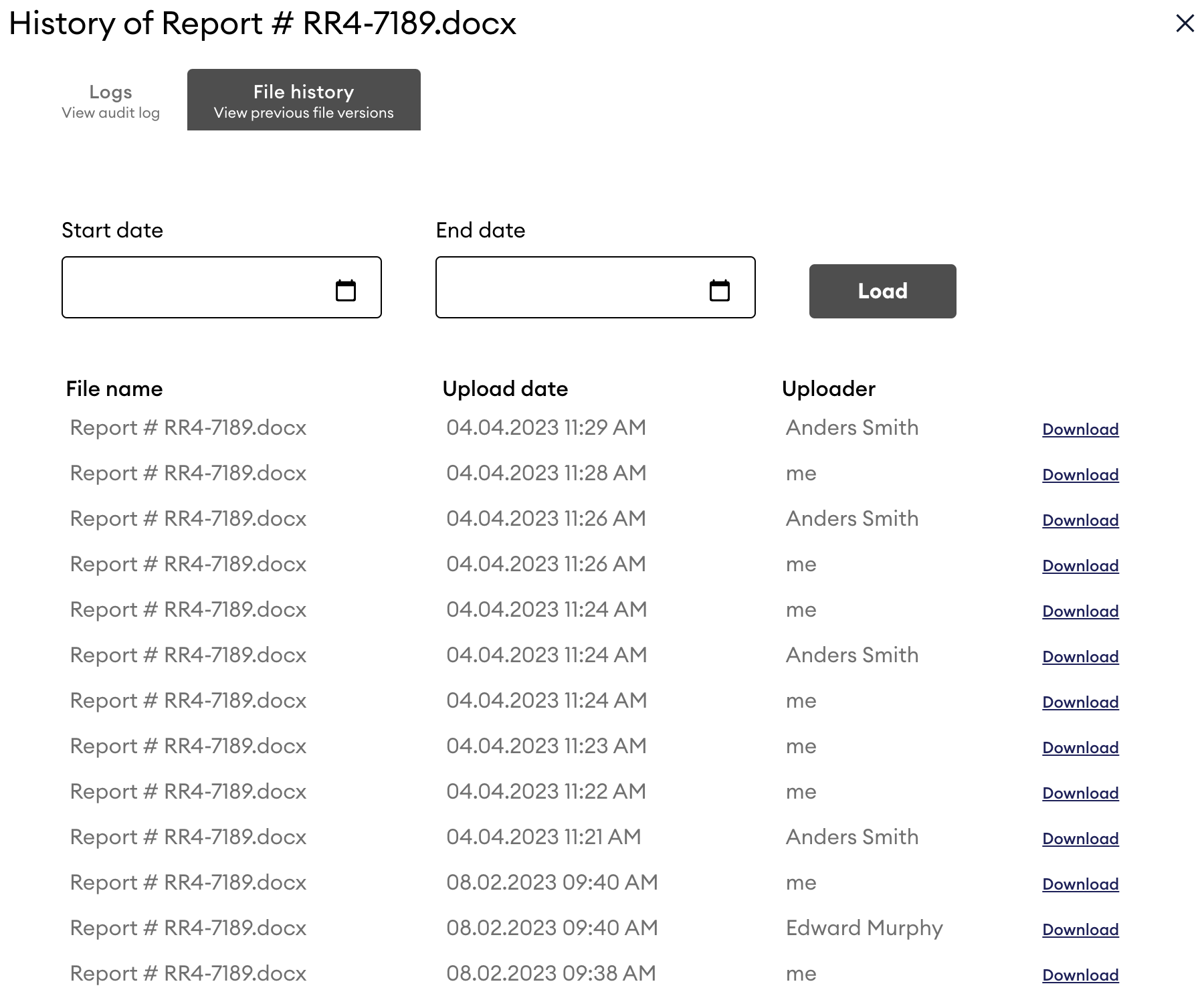 Dialog titled "History of Report # RR4-7189.docx" on the File history tab, showing a date-range filter and a list of prior versions with upload date, uploader and download links.