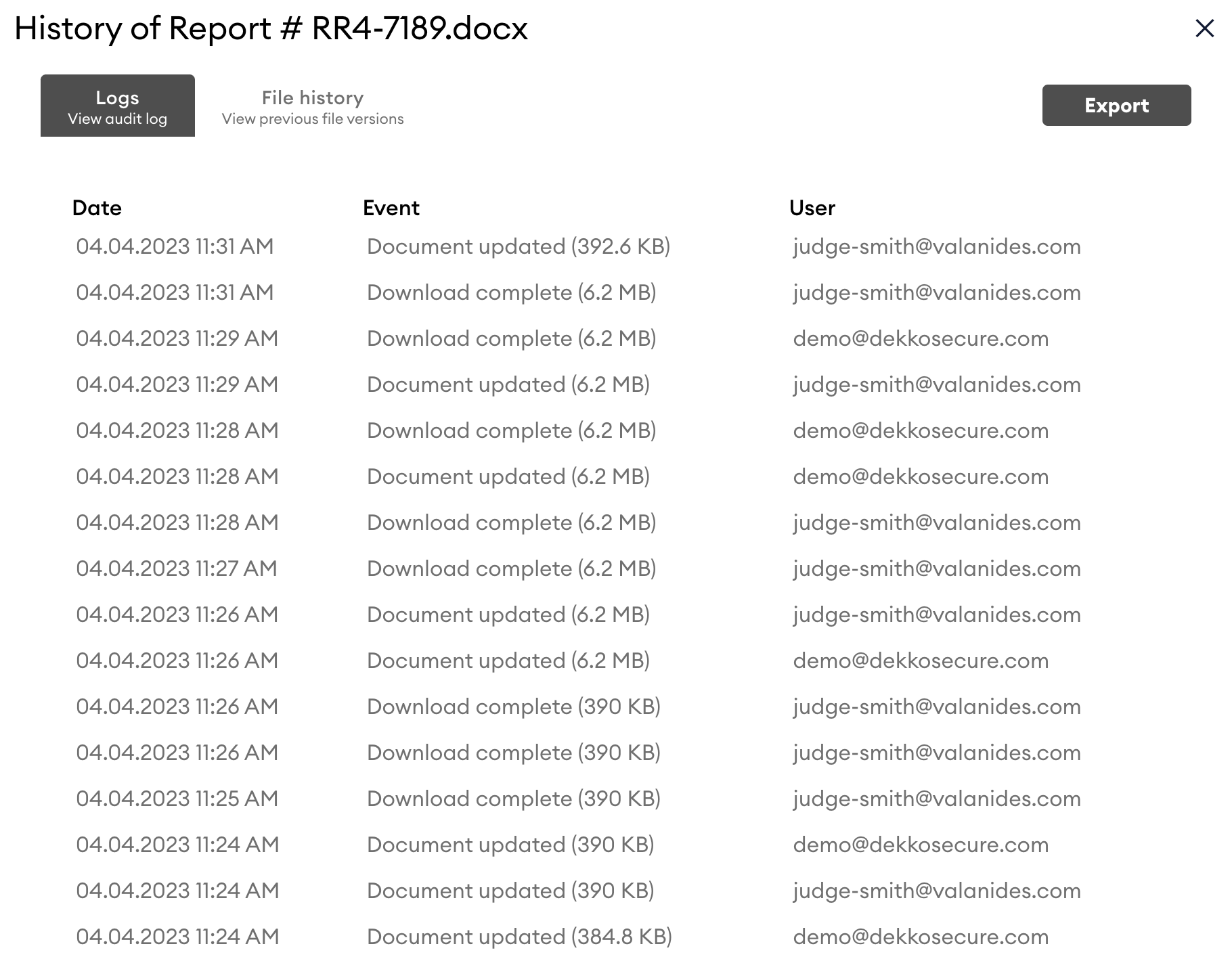 Audit log dialog titled "History of Report # RR4-7189.docx", showing Logs tab with date, event and user columns, and an Export button.