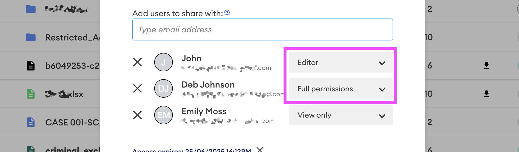 Sharing dialog with three users listed; John and Deb Johnson have Editor and Full permissions highlighted, while Emily Moss is View only.