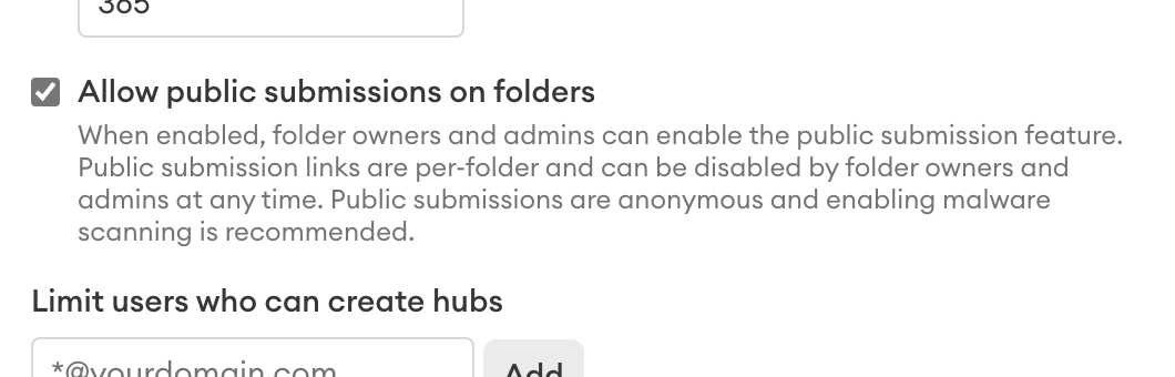 Tenancy Manager policy checkbox labelled "Allow public submissions on folders", checked, with the "Limit users who can create hubs" field below.