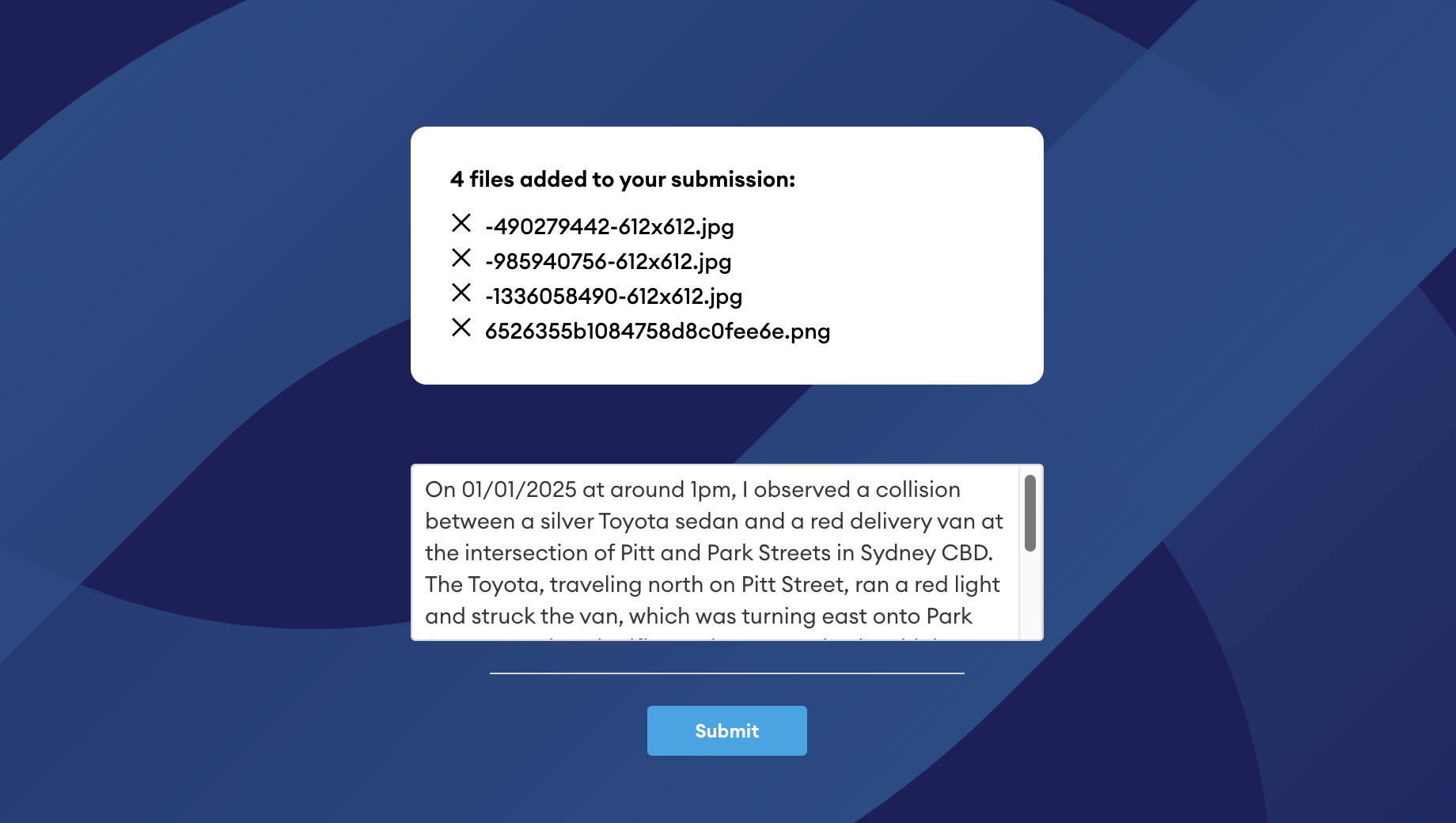 Public Submission form showing four files added (three .jpg images and one .png), a message describing a Sydney CBD collision, and a Submit button.