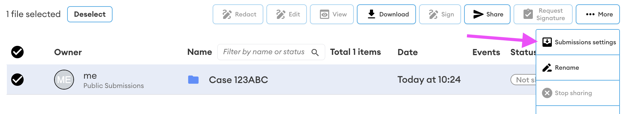Toolbar with one file selected; the More menu is open showing "Submissions settings" highlighted by a pink arrow.