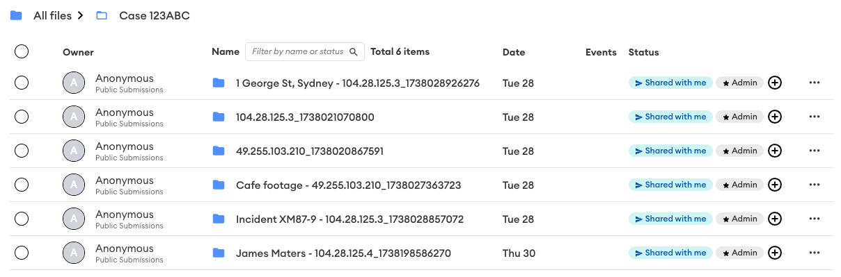 Case 123ABC folder listing six anonymous public submission sub-folders, each named as description and IP address with timecode, marked "Shared with me" and "Admin".