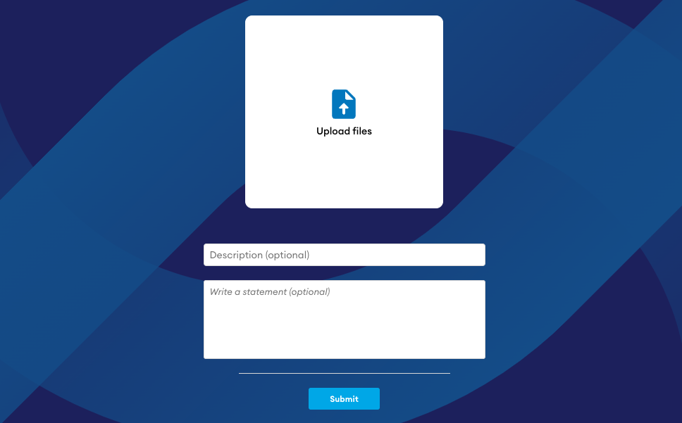 Submission form showing an "Upload files" box, optional Description and statement fields, and a Submit button.