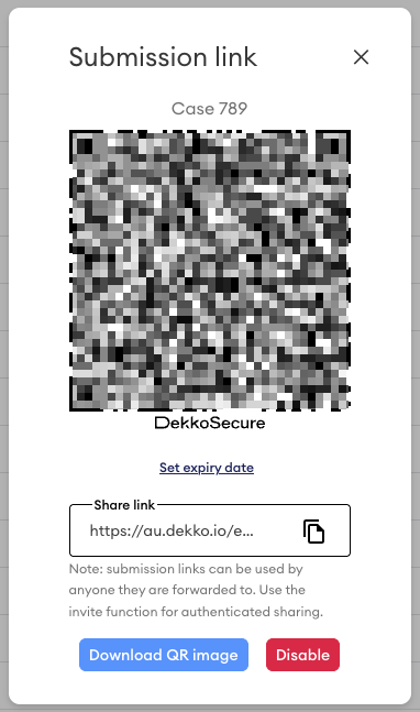 Submission link dialog for Case 789 showing a QR code, a truncated share link field with a copy button, and Download QR image and Disable buttons.
