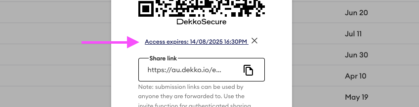 Share dialog showing the "Access expires: 14/08/2025 16:30PM" setting, with the share link field and copy button below it.
