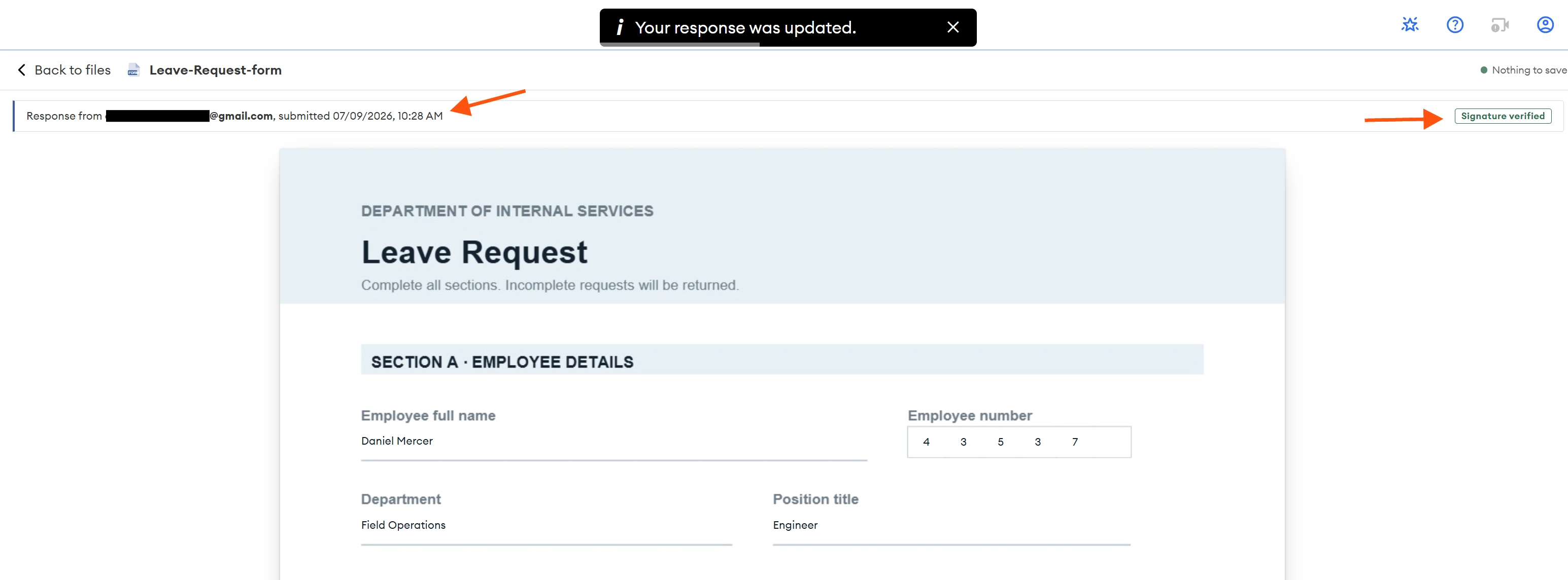 Showing your form response has been updated