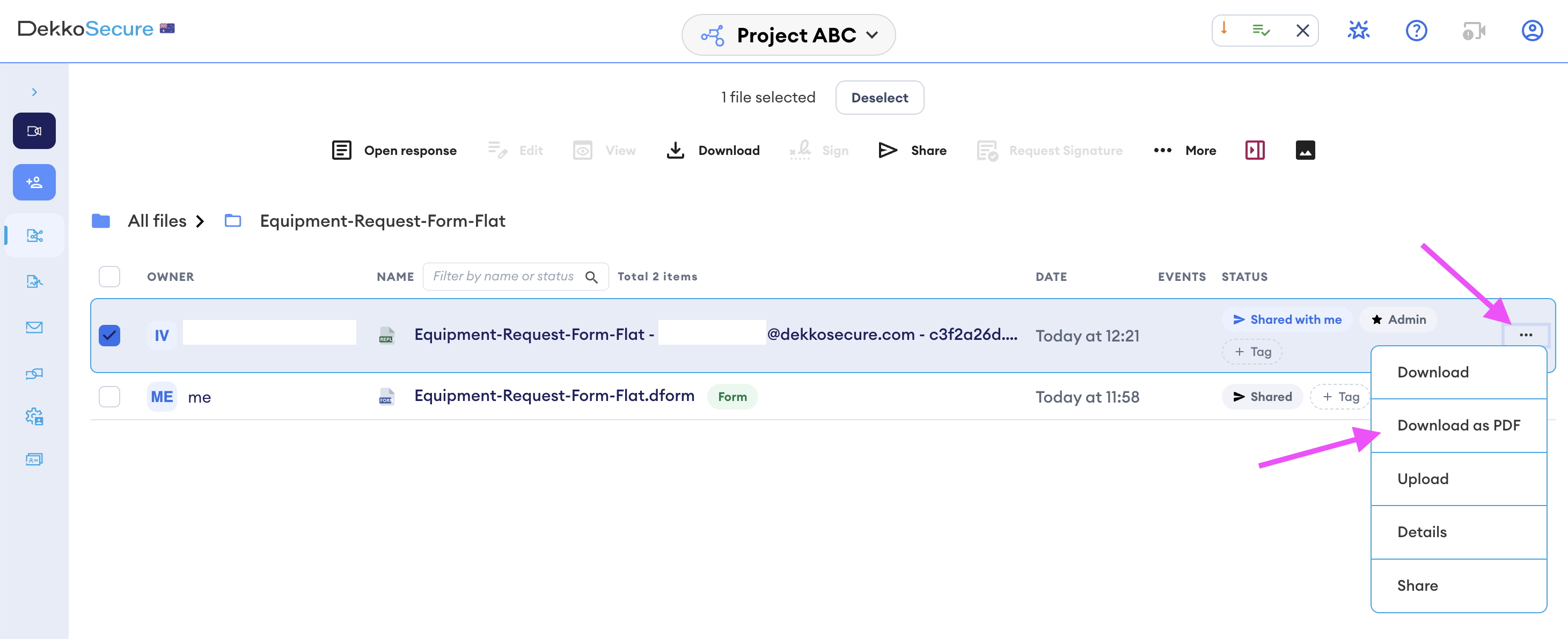 File list in DekkoSecure's Project ABC folder with the "..." menu open for a shared form response, showing the Download as PDF option.
