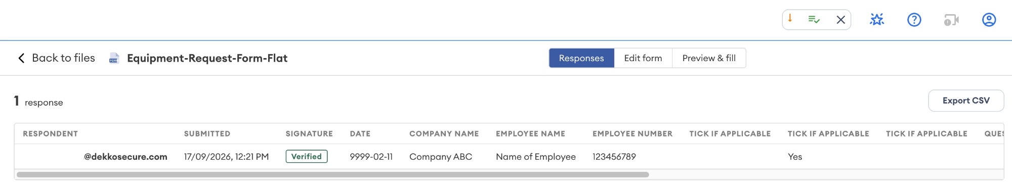 Responses tab of the Equipment-Request-Form-Flat form showing one submission row with Respondent, Submitted, Signature and field columns, and the Export CSV button.
