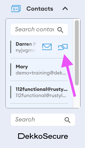 Contacts panel with a pink arrow pointing to the Chat icon (speech bubbles) beside the envelope Email icon on the contact Darren M.
