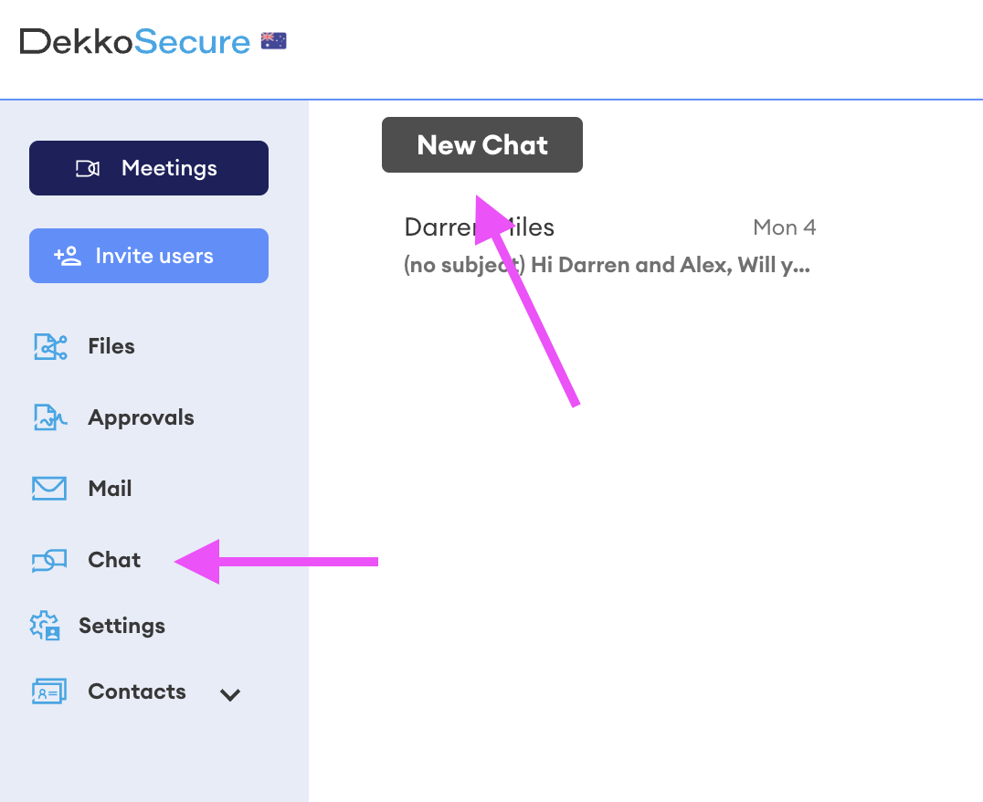 Left navigation in DekkoSecure with the Chat item selected and the New Chat button highlighted, both marked with pink arrows.