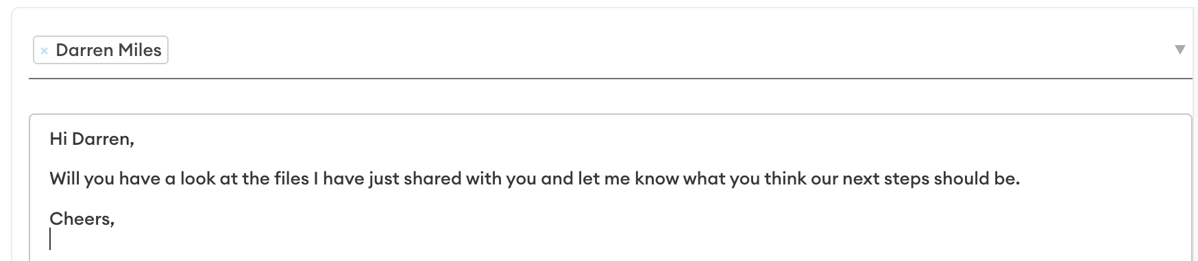 Recipient field showing "Darren Miles" selected, with a message beginning "Hi Darren," and closing "Cheers," above the text cursor.