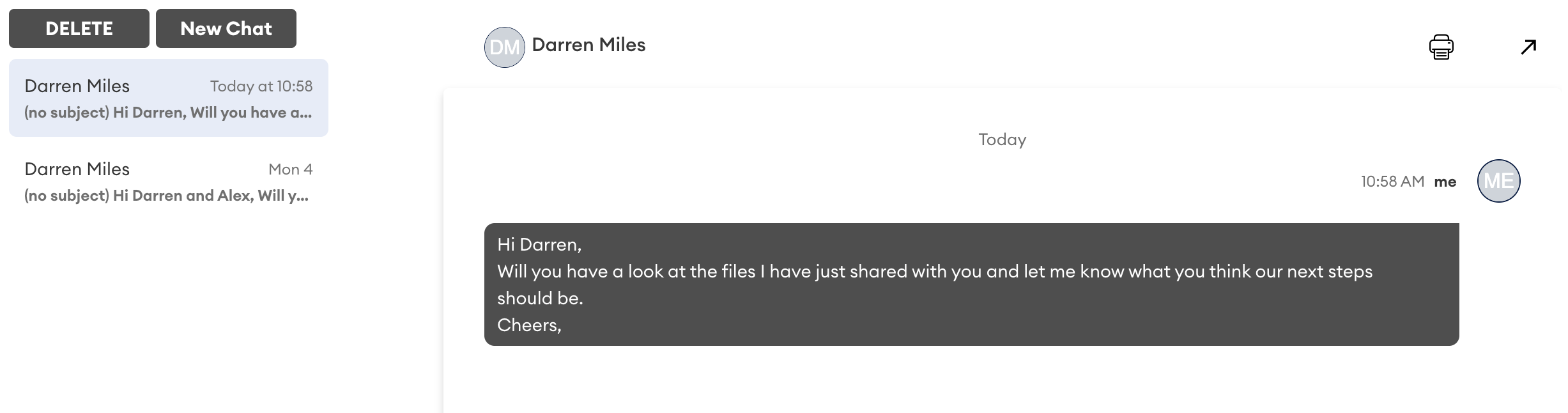 Chat window showing a sent message to Darren Miles, with DELETE and New Chat buttons at top left and the message thread on the right.