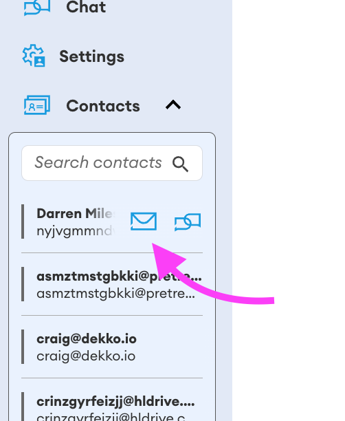 Contacts panel with a pink arrow pointing to the envelope Mail icon beside contact Darren Miles, next to the Chat icon.