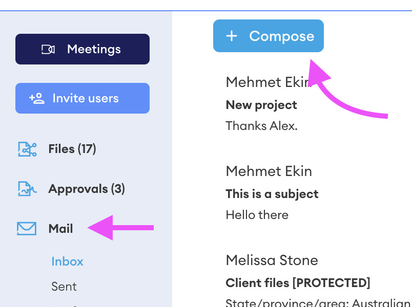 Left navigation panel with Mail selected (arrow), showing Inbox, Sent, and the blue Compose button at top of the message list.