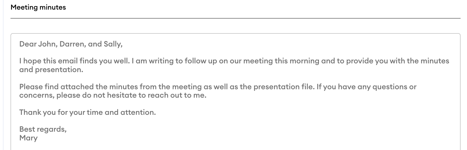 Email compose box showing "Meeting minutes" subject field and a sample message body addressed to John, Darren, and Sally, signed by Mary.