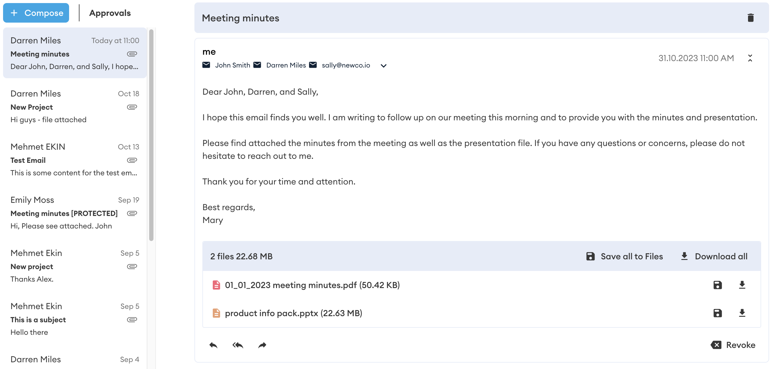 Mail message open in DekkoSecure showing the "Meeting minutes" email to John Smith, Darren Miles and sally@newco.io, with two attachments and a Revoke button.