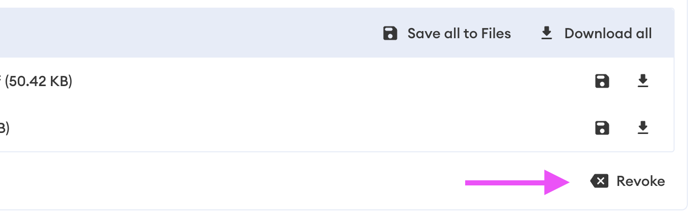 Mail message attachment panel with "Save all to Files" and "Download all" buttons, two files listed, and a Revoke button highlighted by a pink arrow.