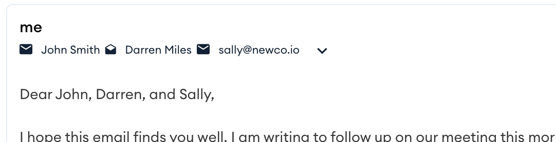 The open evenlope shows that Darren Miles has read y your mail message, while the two closed envelopes John Smith and Sally@newco.io haven't opened your mail yet.