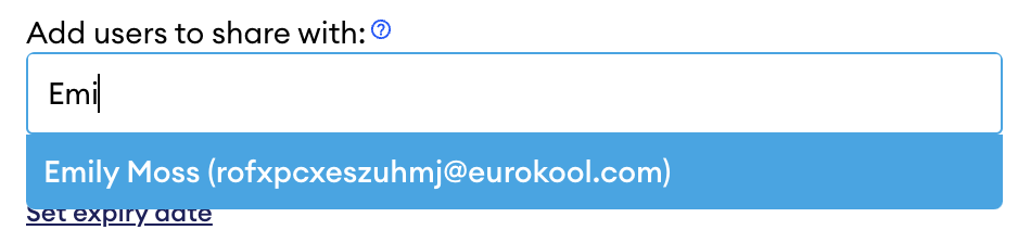 Dialog field "Add users to share with" showing "Emi" typed, with auto-complete suggestion "Emily Moss" with her email address highlighted below.