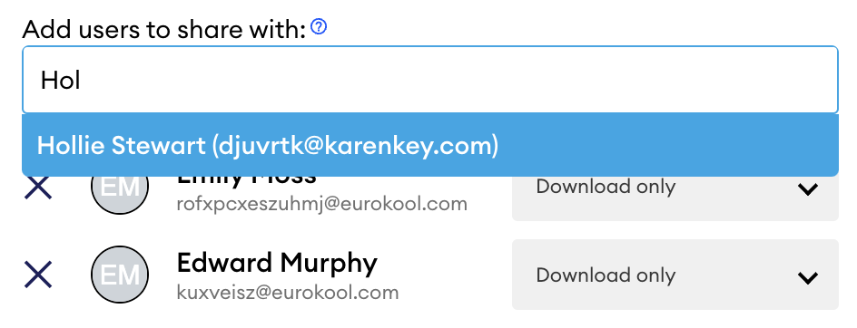 Autocomplete dropdown under "Add users to share with" showing "Hol" typed, suggesting Hollie Stewart (djuvrtk@karenkey.com), with existing users listed below.