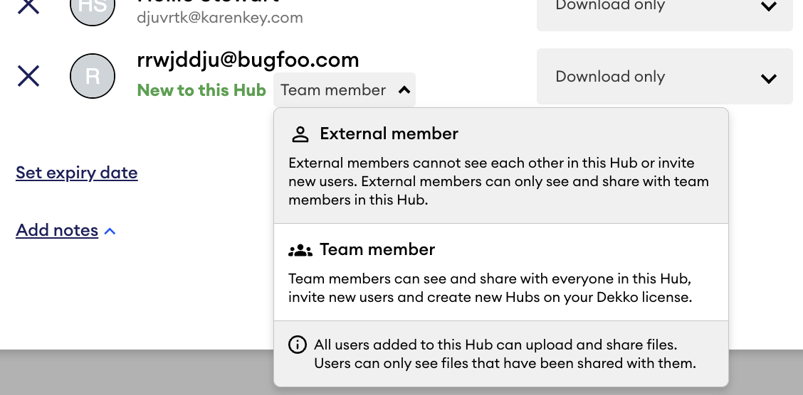 Dropdown open beside "New to this Hub" showing the user type options: External member (cannot see or invite others) and Team member (can invite users and create Hubs).