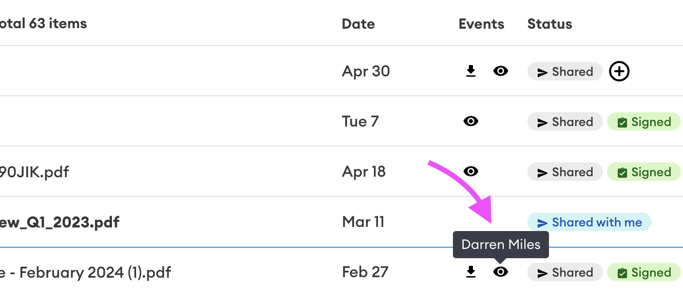 Table of shared files showing Events and Status columns; a pink arrow points to the eye icon on a row, with a tooltip reading "Darren Miles".
