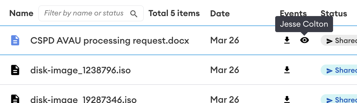 Table of shared files showing the Events column, where a tooltip reading "Jesse Colton" appears over the eye icon marking a view event.