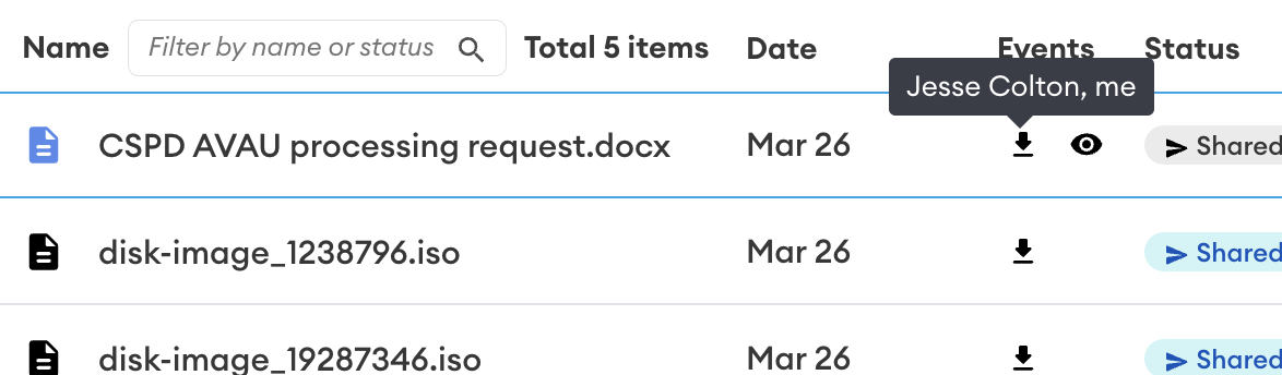 Shared files list showing the Events column with a download icon and an eye (view) icon for each item, with a tooltip reading "Jesse Colton, me".