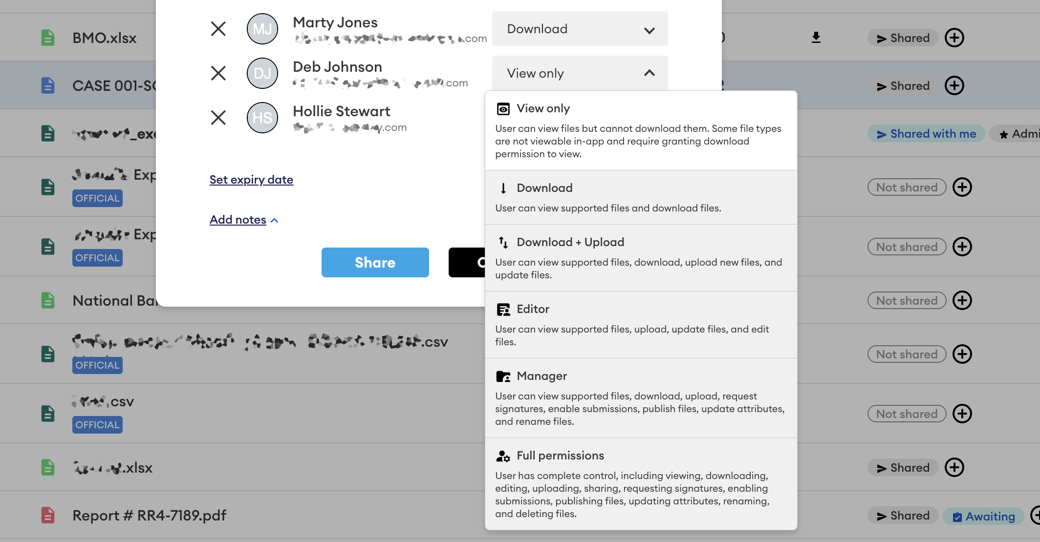 Share dialog listing users Marty Jones, Deb Johnson and Hollie Stewart, with the permissions dropdown open showing View only, Download, Download + Upload, Editor, Manager and Full permissions.