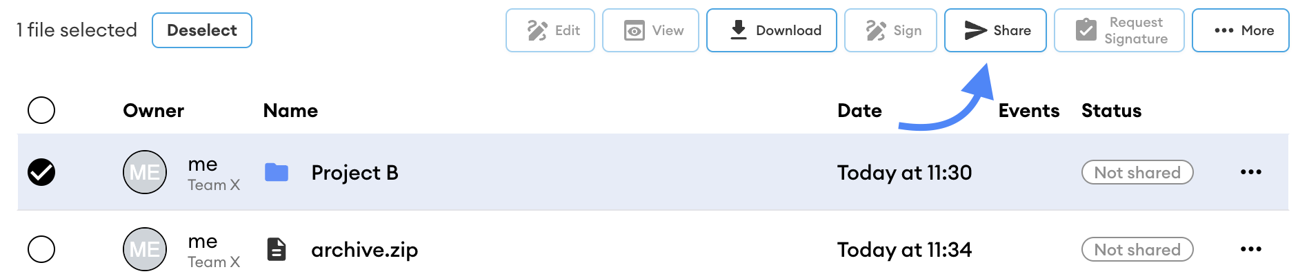 Toolbar and file list showing "Project B" selected, with the Share button highlighted by a blue arrow.