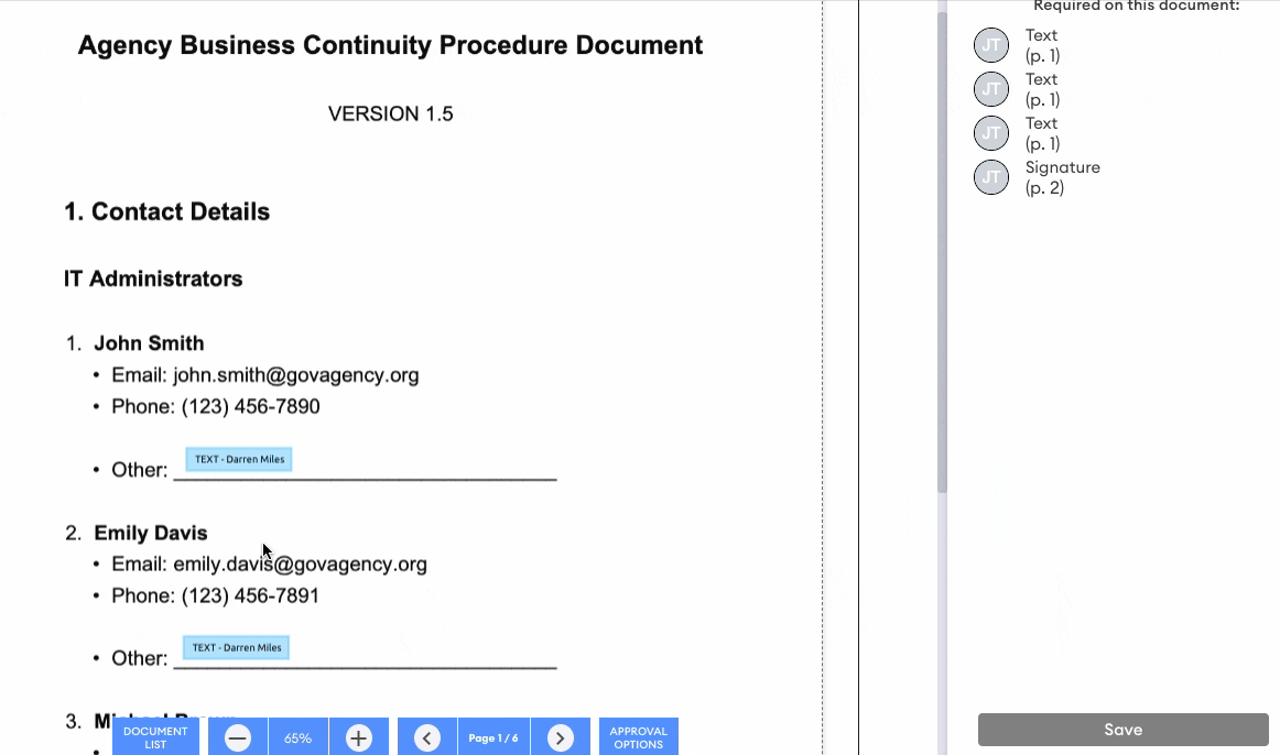 Document review screen showing a text field labelled "TEXT - Darren Miles" beside the "Other" contact entry, with the Required fields list and Save button on the right.