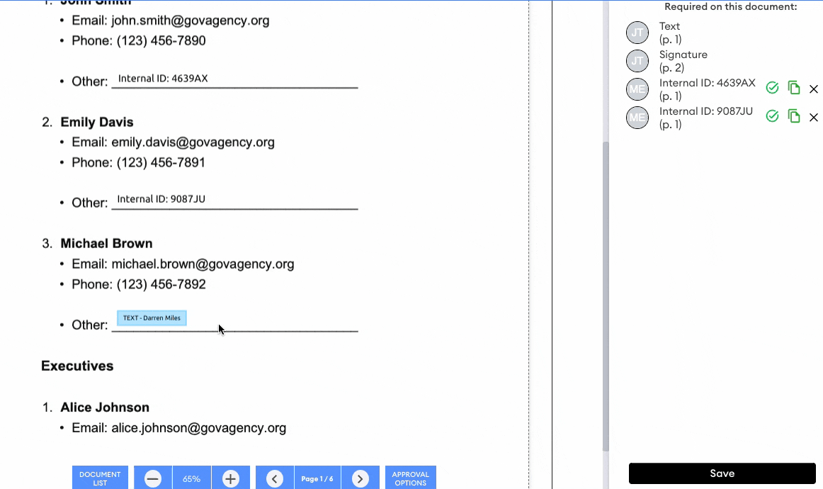 Document review screen showing a text placeholder "TEXT - Darren Miles" placed in the "Other" field, with the Required list and Save button on the right.