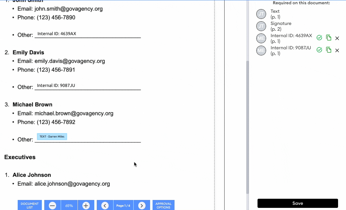 Document review screen showing the required fields list (Text, Signature, Internal IDs) and Save button on the right.